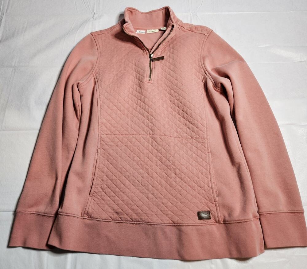 L.L.Bean Women's M Tall Quilted Quarter Zip Pullover Sweatshirt Pink Coral